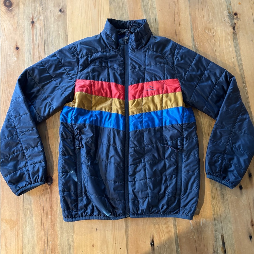 L.L. Bean Kids Navy Puffer Jacket with Red, Blue, and Gold Stripes